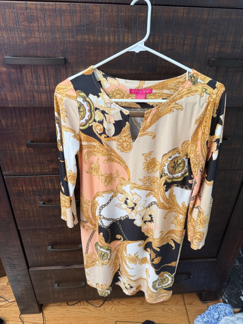 Sunny Leigh Peach, Black & Gold Baroque Print Dress